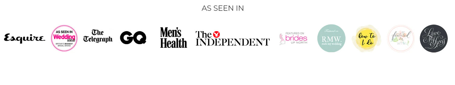 A row of logos under the heading AS SEEN IN, featuring Esquire, Hitched, The Telegraph, GQ, Mens Health, The Independent, Brides, RMW, How To I Do, English Wedding, and Love My Dress.